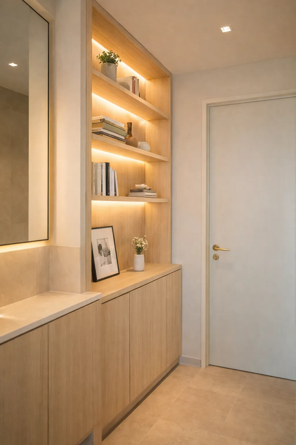 A minimalist, built-in wooden bookshelf with warm integrated LED strip lighting under each shelf. The shelves are decorated with neatly stacked books, small potted plants, ceramic vases, and a framed black-and-white photograph. To the left, a large mirror reflects the soft ambient light, and to the right, a simple white door with a gold handle completes the clean, modern interior design.