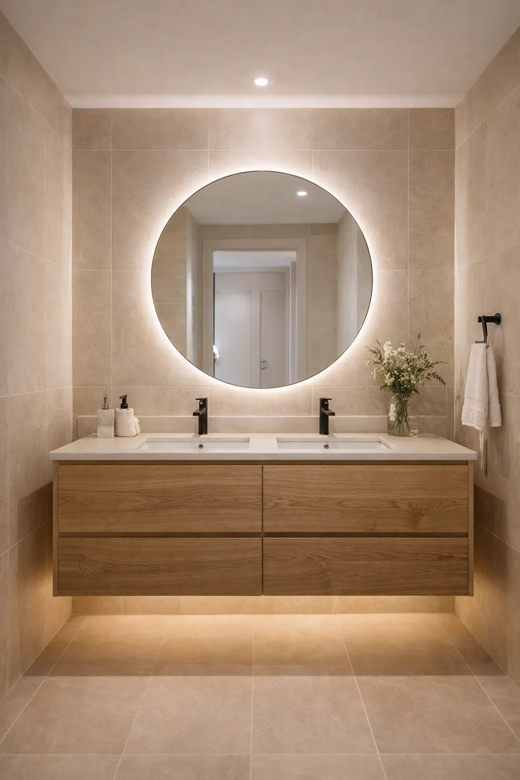 A modern, circular-framed view of a contemporary bathroom featuring a floating light-wood double vanity with a white countertop and two integrated sinks. Above the vanity hangs a large, oval backlit mirror that casts a soft glow against the beige tiled walls. The space is accented with black faucets, a small vase of white flowers, and warm under-cabinet lighting that illuminates the tiled floor.