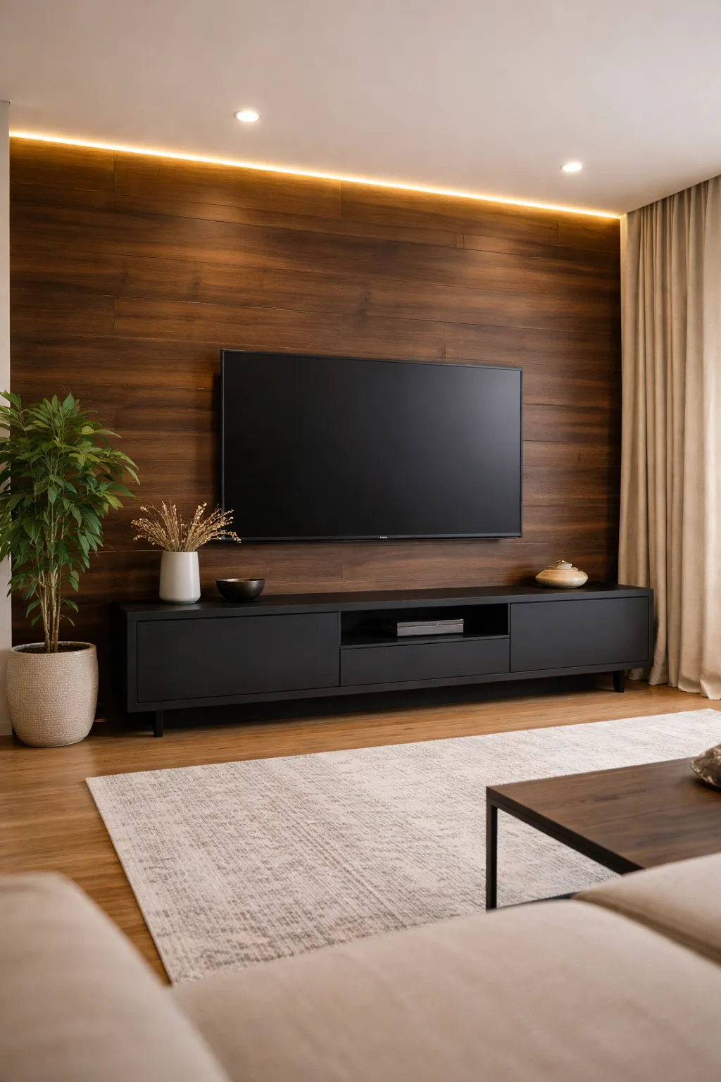 A modern living room featuring a large flat-screen TV mounted on a dark wood-paneled accent wall. Below the TV is a long, sleek black floating console. The room is illuminated by warm recessed ceiling lights and a hidden LED strip along the top of the wood paneling. A large potted plant sits to the left, and a light-colored textured rug covers the wooden floor in the foreground, creating a sophisticated and cozy atmosphere.