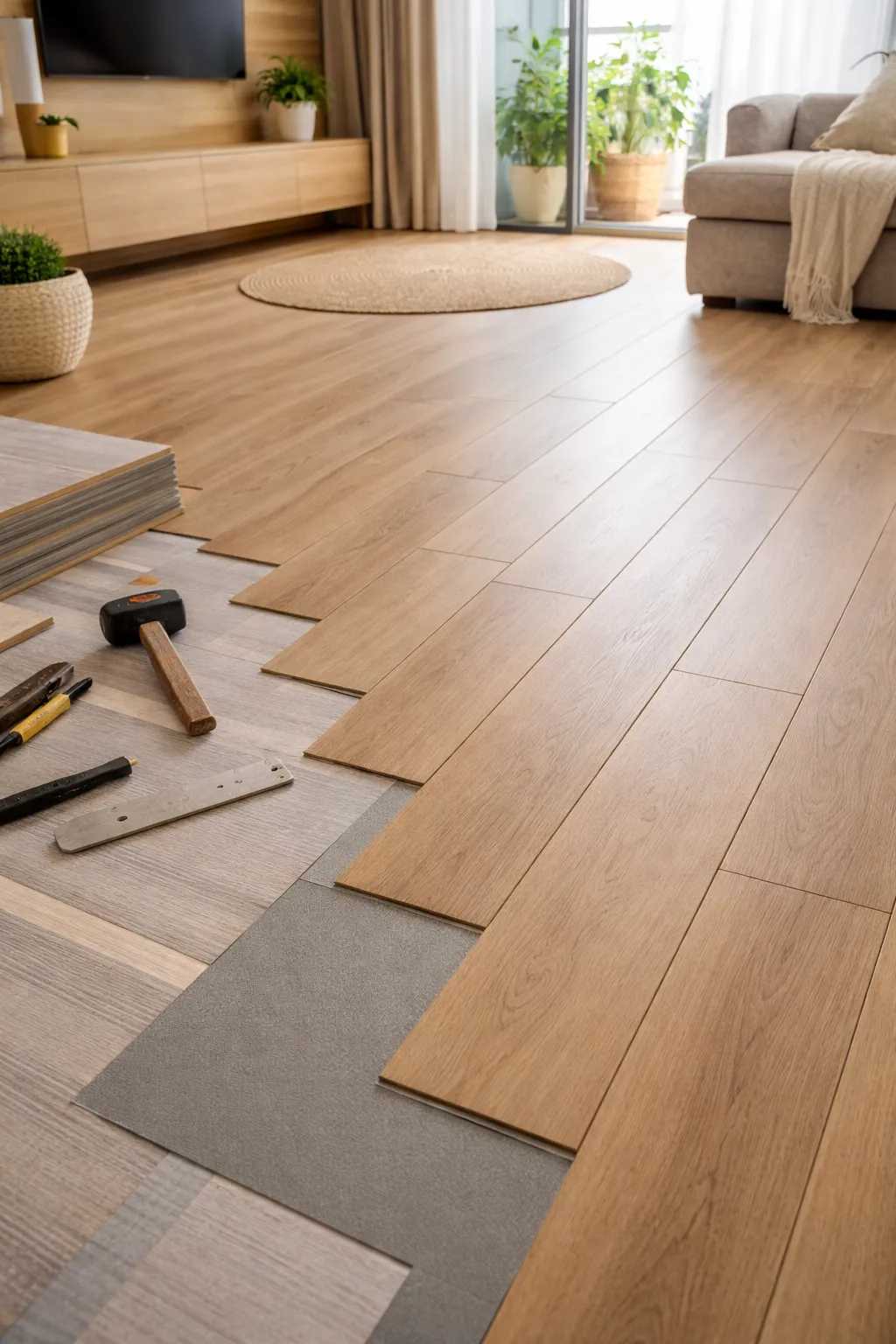 A close-up, circular-framed view of light oak laminate or engineered wood flooring being installed in a modern room. Several planks are laid out over a grey underlayment, showing the staggered installation process. Hand tools, including a rubber mallet and spacers, are visible on the unfinished section of the floor, while the background shows a finished area with a round rug and potted plants near a sunlit window.