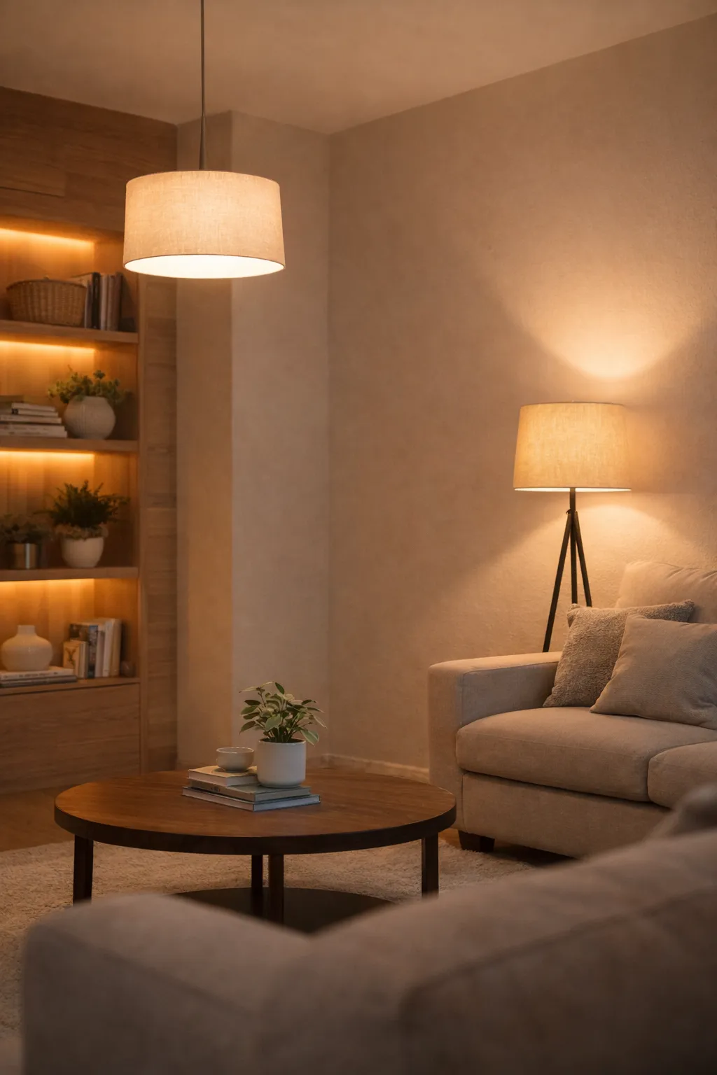 A warm, cozy living room scene with soft ambient lighting. A light-colored sofa sits on the right beside a tripod floor lamp with a fabric shade, while a round wooden coffee table with a small plant anchors the seating area. In the background, built-in wooden shelves glow with integrated lighting and display books and decor, and a large pendant lamp overhead adds to the inviting, modern atmosphere.