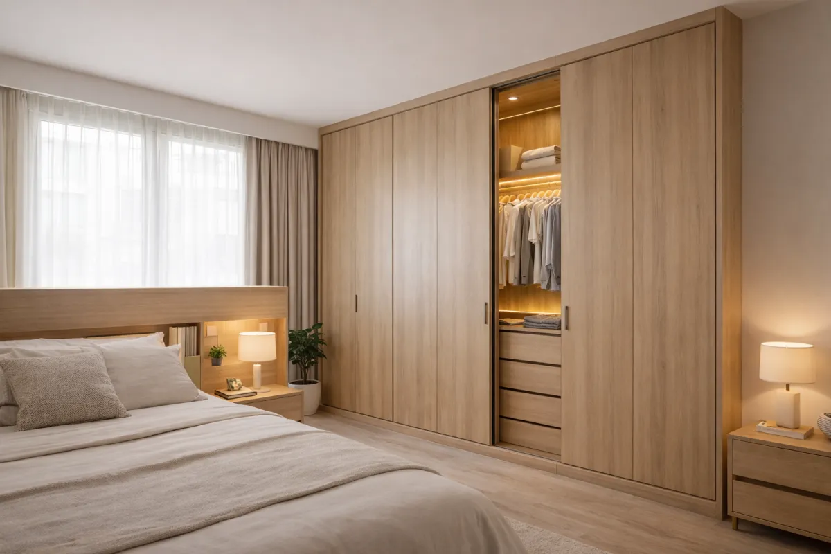 A circular-framed view of a modern bedroom featuring a large, floor-to-ceiling light wood wardrobe with sliding doors. One door is partially open, revealing a neatly organized interior with integrated warm LED lighting, hanging clothes, and built-in drawers. To the left, a bed with neutral-toned linens and a matching wooden headboard is visible, flanked by a small bedside table with a lamp, all set against a backdrop of soft, sheer white curtains.