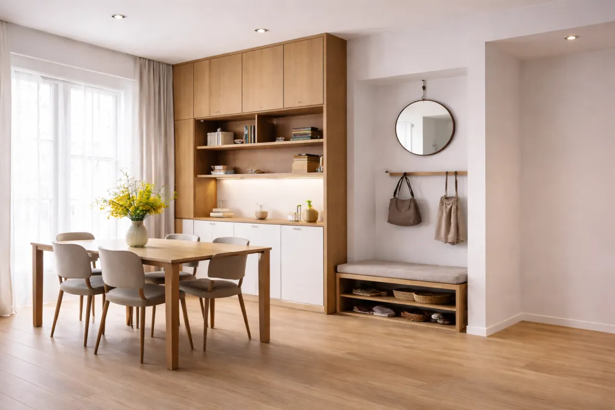Bright dining area with light wood built-in cabinetry, open shelving, and a simple wooden dining table with upholstered chairs, beside a compact entry nook featuring a bench, wall hooks, and a round mirror.