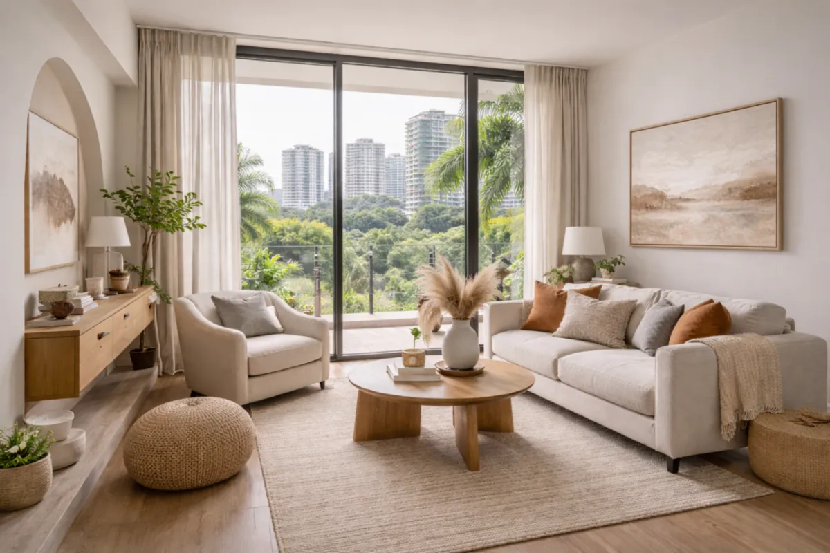 Bright, Scandinavian-inspired living room with neutral tones, featuring a beige sofa and armchair, round wooden coffee table with pampas grass, woven rug and pouf, indoor plants, and a large framed landscape artwork on the right wall. Floor-to-ceiling sliding glass doors open to a balcony overlooking lush greenery and high-rise buildings.