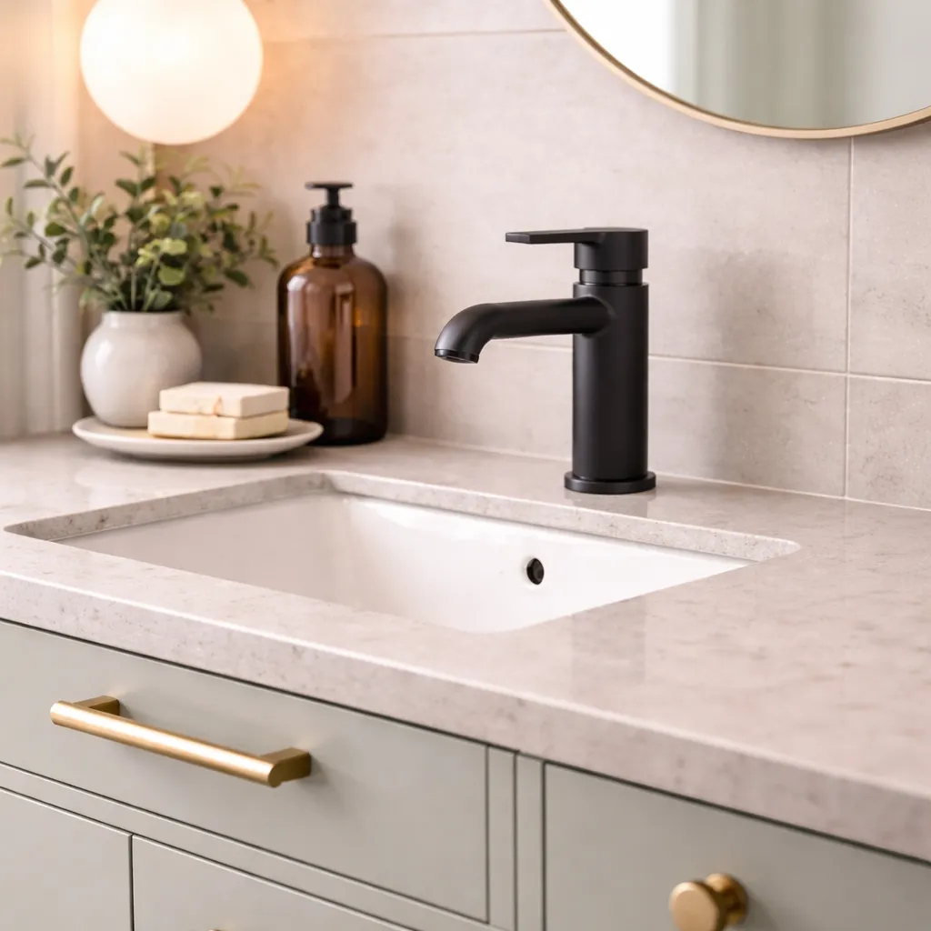 A close-up, circular-framed view of a modern bathroom sink area. It features a sleek matte black faucet mounted on a light-colored marble or quartz countertop with an undermount white rectangular basin. The vanity below is a soft sage green with a gold handle. In the background, a brown glass soap dispenser, a small white vase with greenery, and a stack of bar soaps on a ceramic dish sit against a neutral tiled wall.
