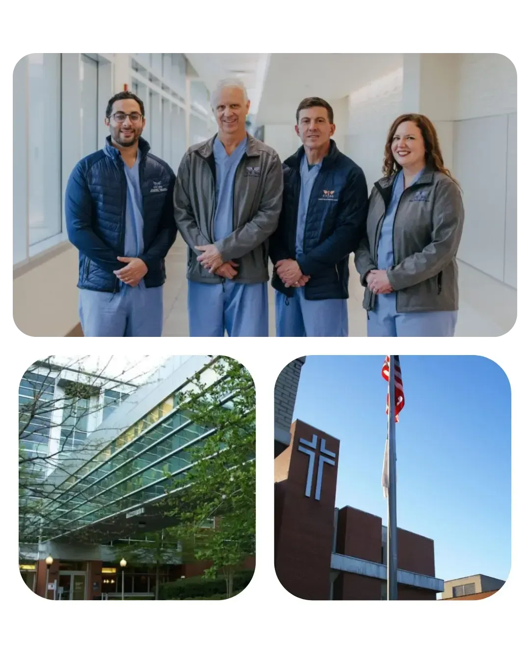 Four people in matching jackets stand together; below one of a modern building and another of a church with a cross.