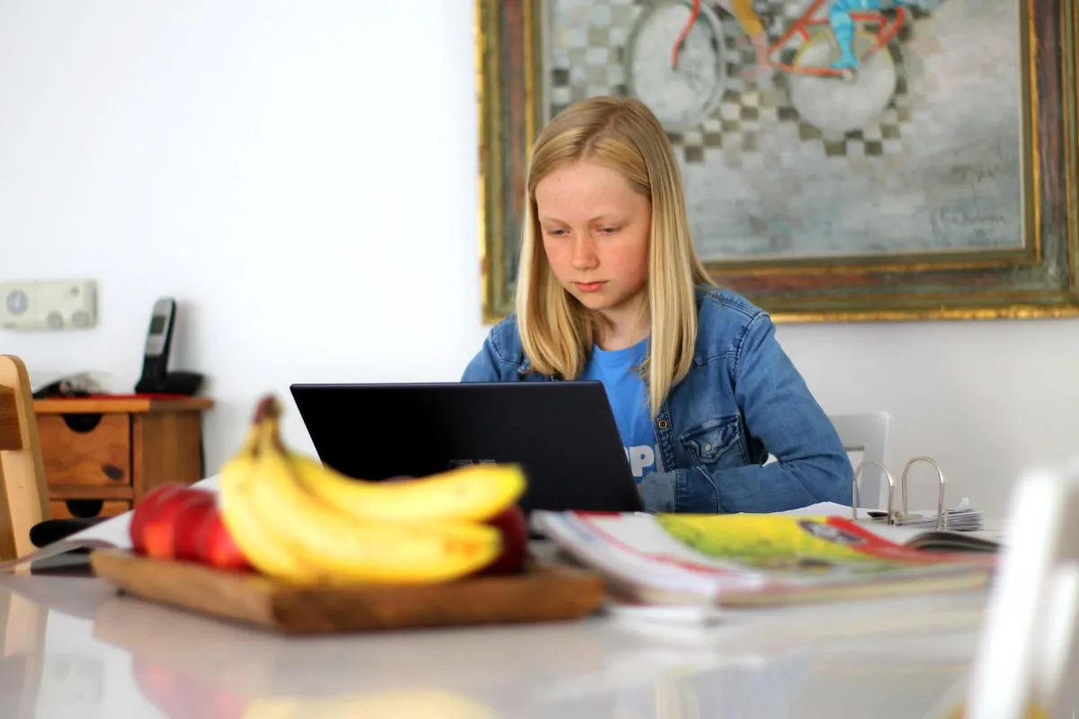 a girl sitting at the kitchen table with a laptop