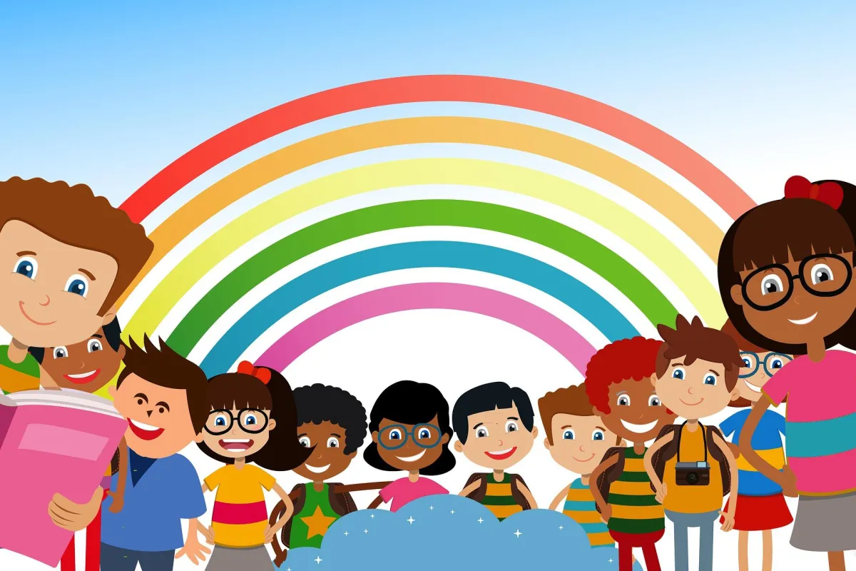 a cartoon with a variety of young people of various races standing in front of a rainbow.