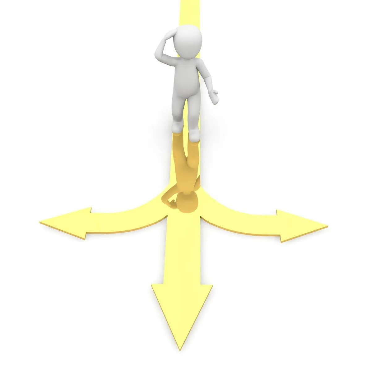 humanoid figure standing on a golden path with three branches, considering which to take.