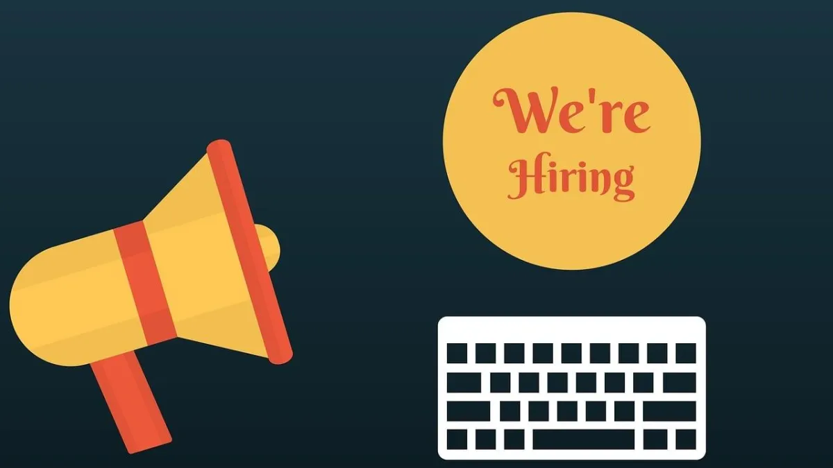a megaphone, a computer keyboard, and a yellow circle with red text, "we're hiring"