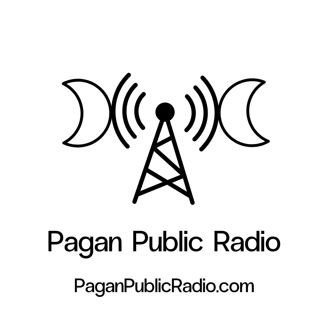 Pagan Public Radio logo - a radio broadcast tower overlaid with a triple moon