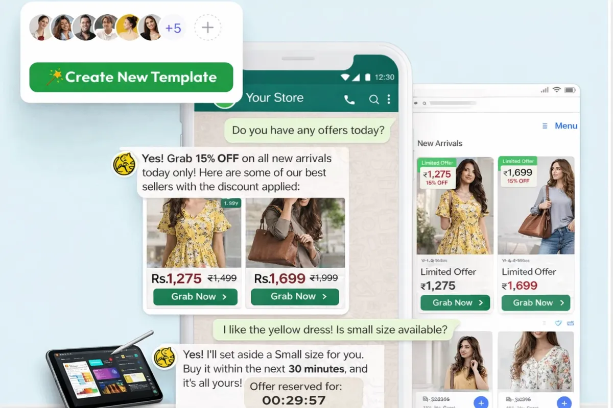 Modern dashboard interface showing WhatsApp automation analytics, message scheduling, and campaign performance charts on a laptop screen, with a subtle blue gradient background and clean SaaS UI elements.