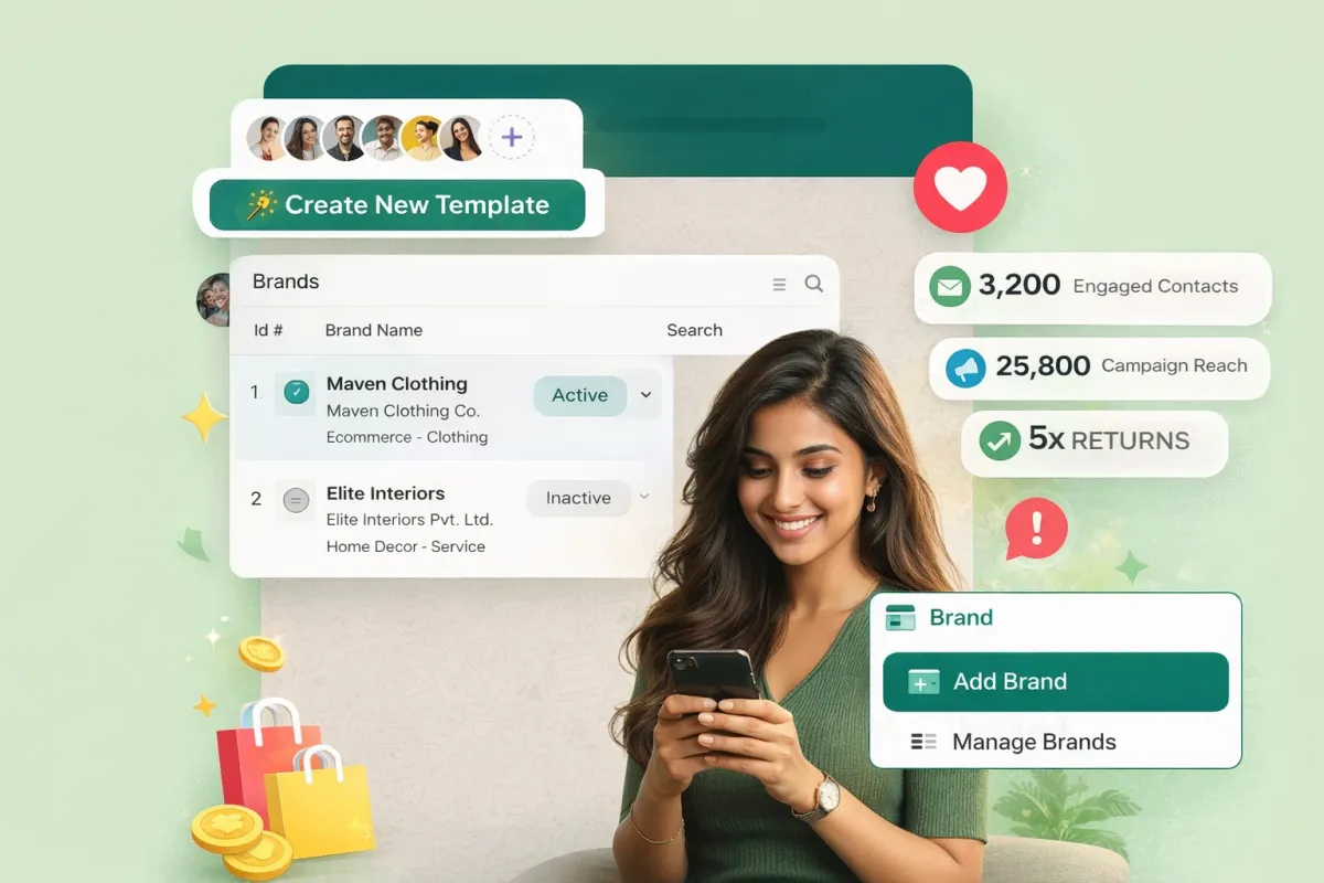 Diverse team of marketing professionals collaborating around a table with laptops, discussing WhatsApp campaign strategies, in a bright office with modern decor and visible client project boards.