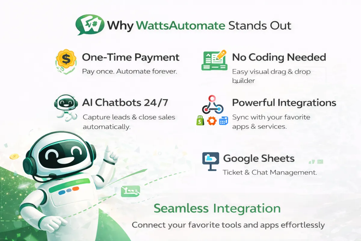Bar chart comparing WattsAutomate's one-time pricing and feature set to generic alternatives, with clear visual emphasis on value and simplicity, set against a clean white background.