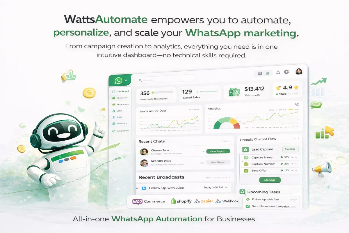 Bird’s-eye view of the WattsAutomate platform interface, showing campaign setup, contact management, and analytics widgets, with a modern blue and white color scheme.