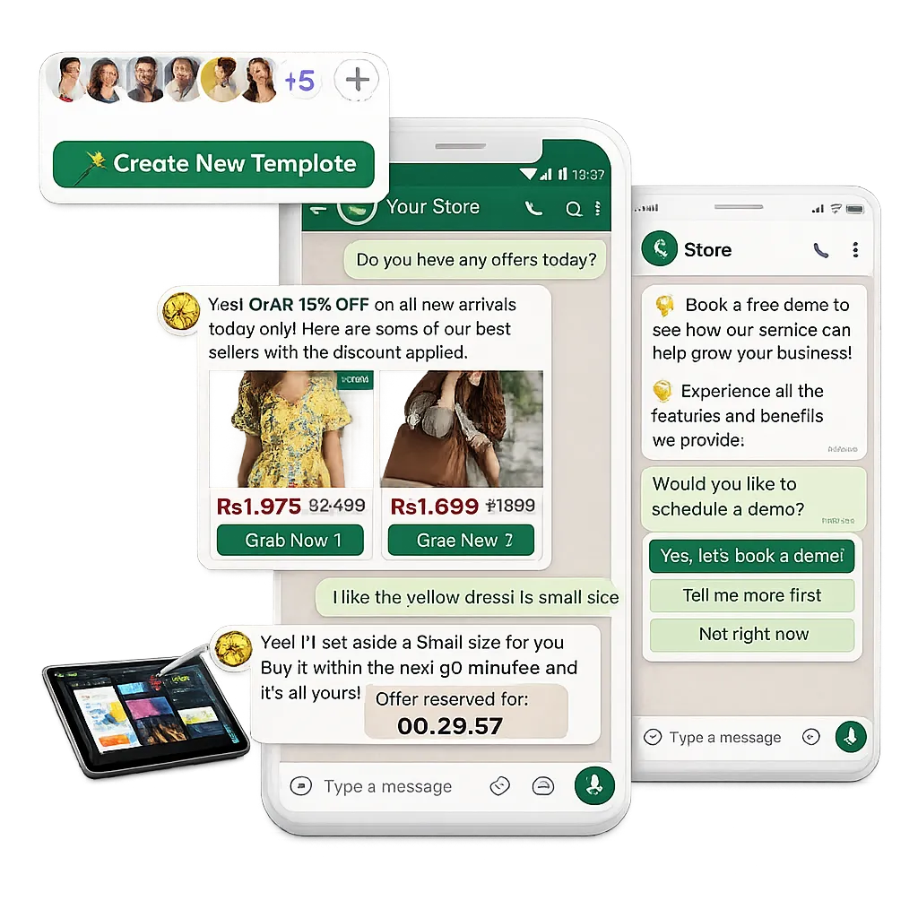 Modern dashboard interface showing WhatsApp automation analytics, message scheduling, and campaign performance charts on a laptop screen, with a subtle blue gradient background and clean SaaS UI elements.
