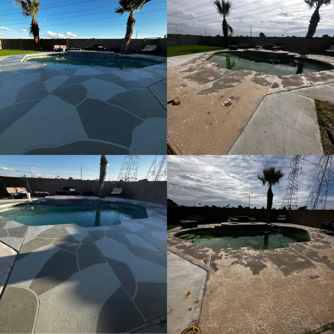 Flagstone-style cool deck overlay installed over existing delaminating and peeling pool deck in Phoenix, Arizona — resurfaced to restore bond and prevent future cracking
