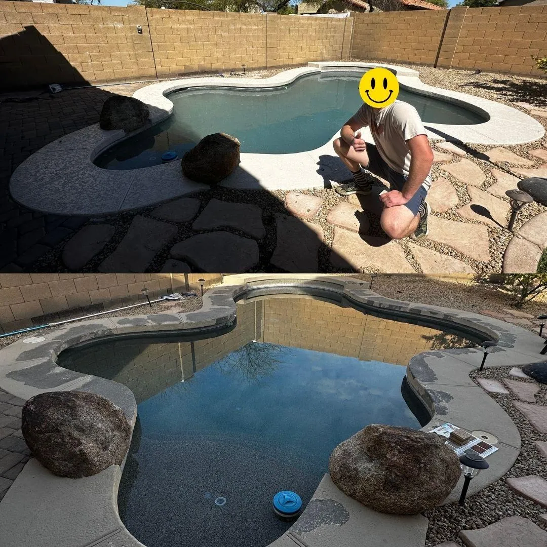 Old delaminating pool deck resurfaced with a new lace-texture cool deck coating in Surprise, Arizona — repaired bond failure and upgraded with a modern, heat-reflective finish
