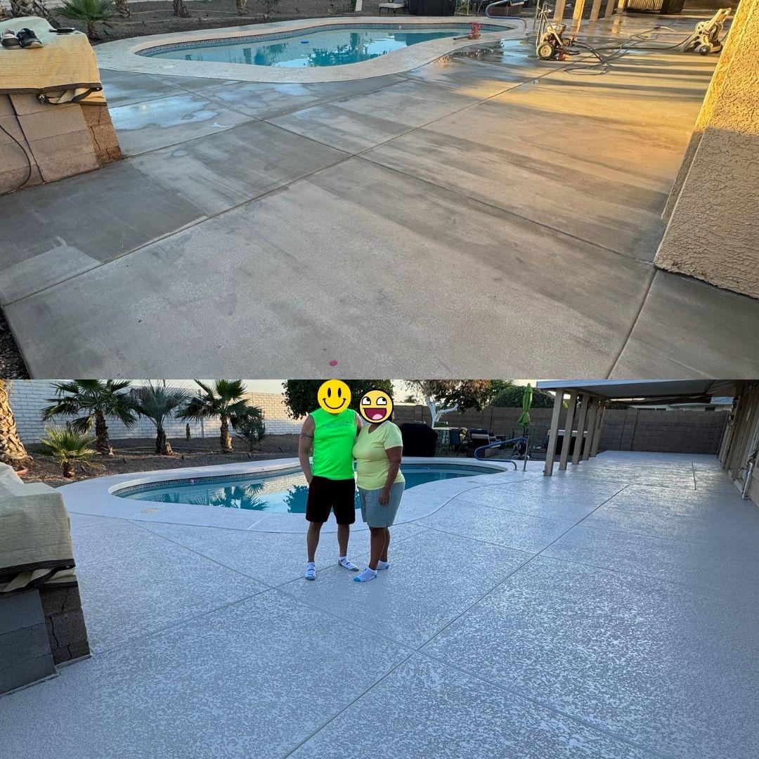 New lace-texture cool deck installation on freshly poured concrete pool deck in Peoria, Arizona — slip-resistant and heat-reflective surface designed for hot climates