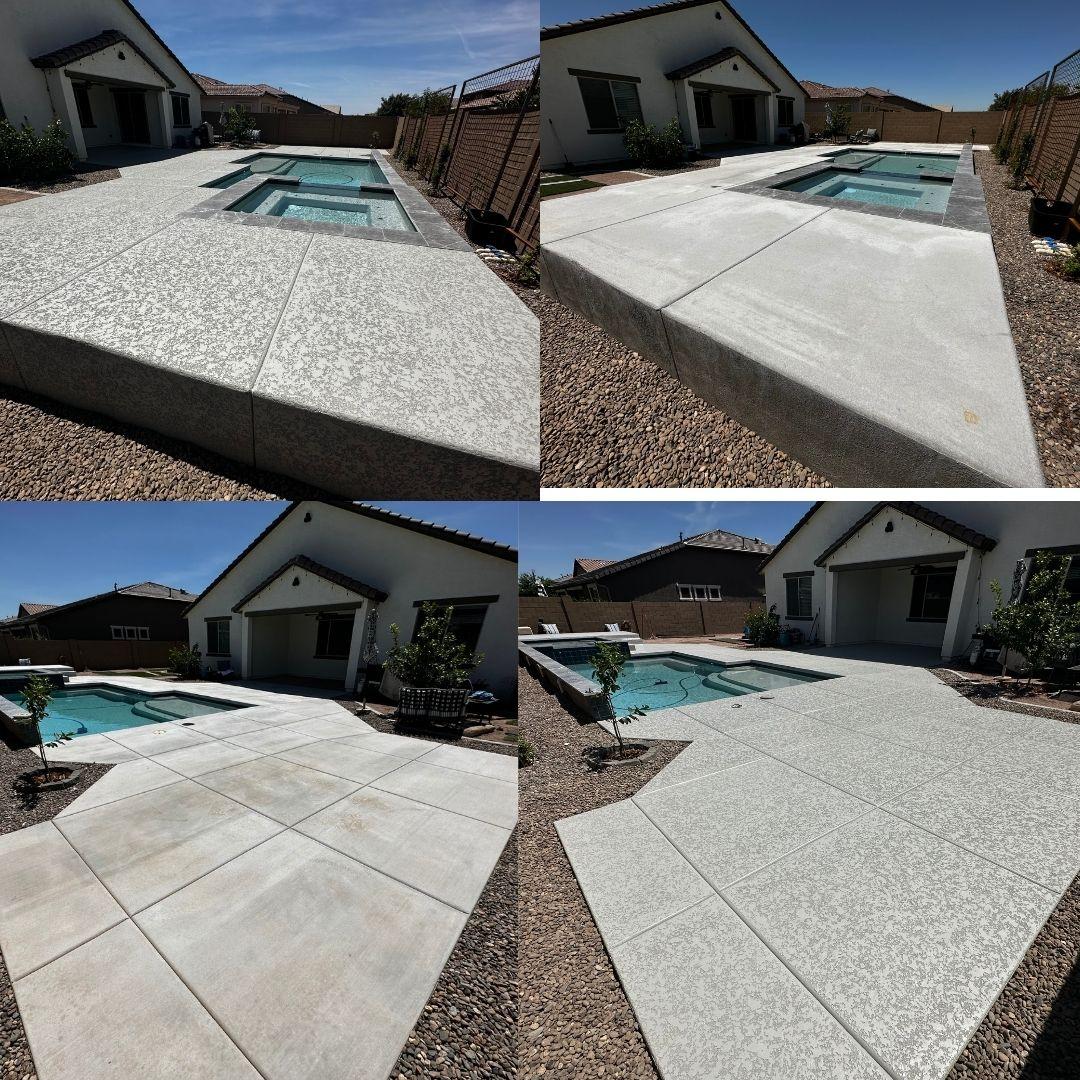 Stamped concrete cool deck resurfacing with light gray textured finish around a luxury backyard pool and spa in Scottsdale, Arizona