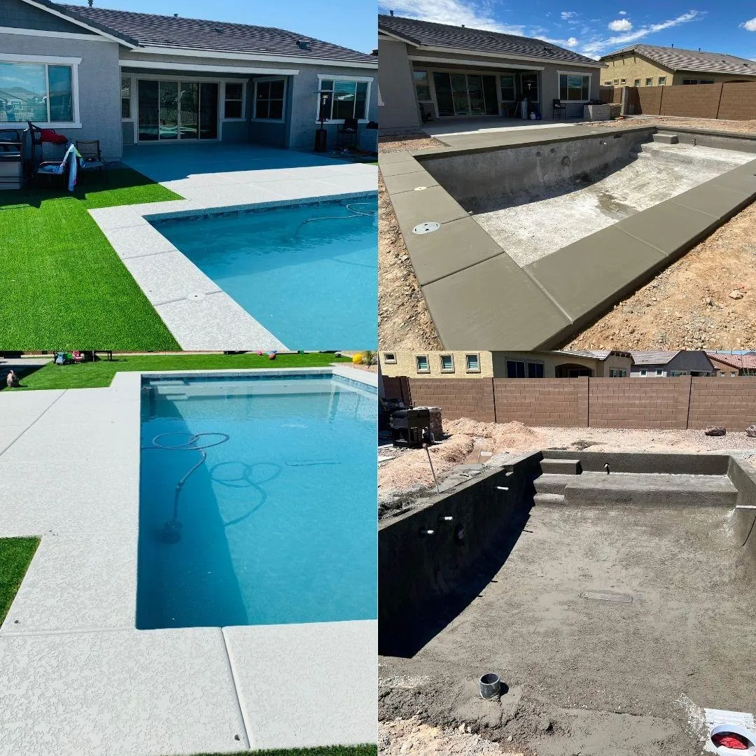 Luxury backyard transformation in Scottsdale, Arizona featuring new concrete, slip-resistant cool deck, artificial turf, interlocking pavers, built-in BBQ, shotcrete features, and a full pool remodel with fresh tile and interior resurfacing