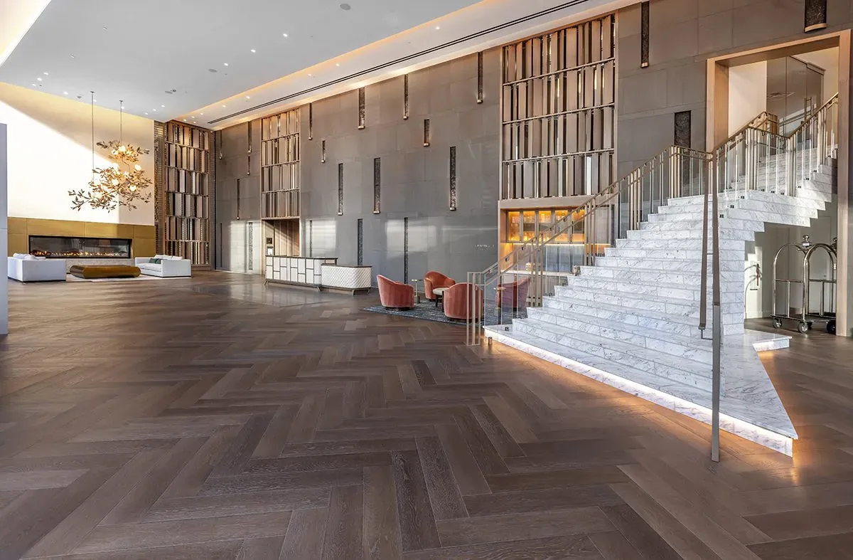 American White Oak flooring in a hotel lobby