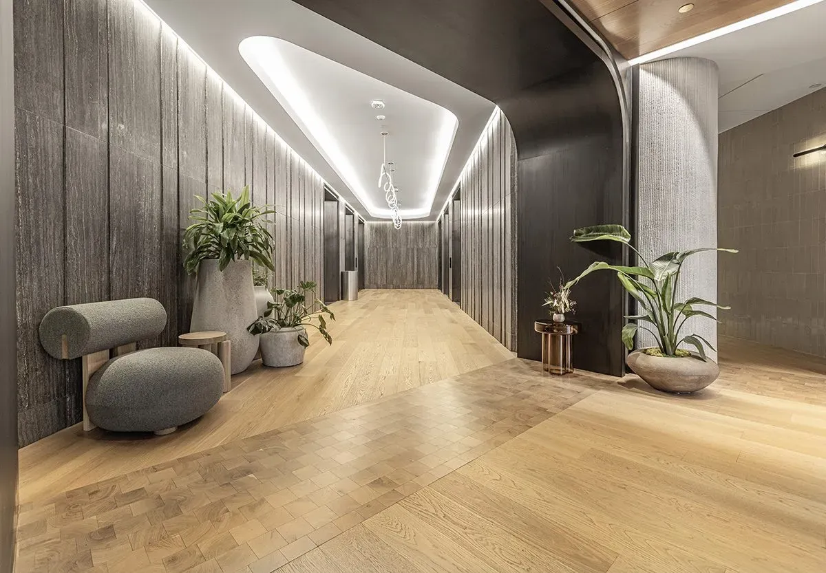 Office lobby using white oak engineered wood flooring