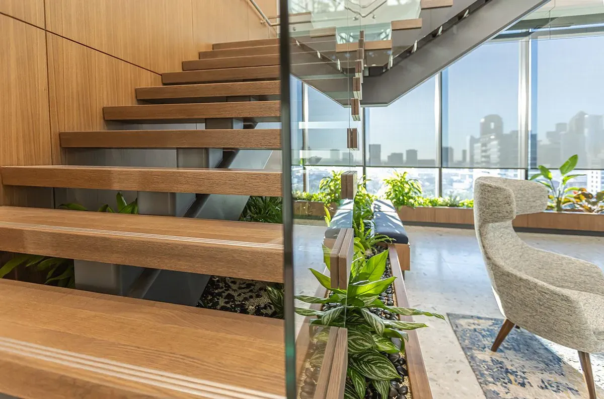 This photo features an office lobby staircase using box treads