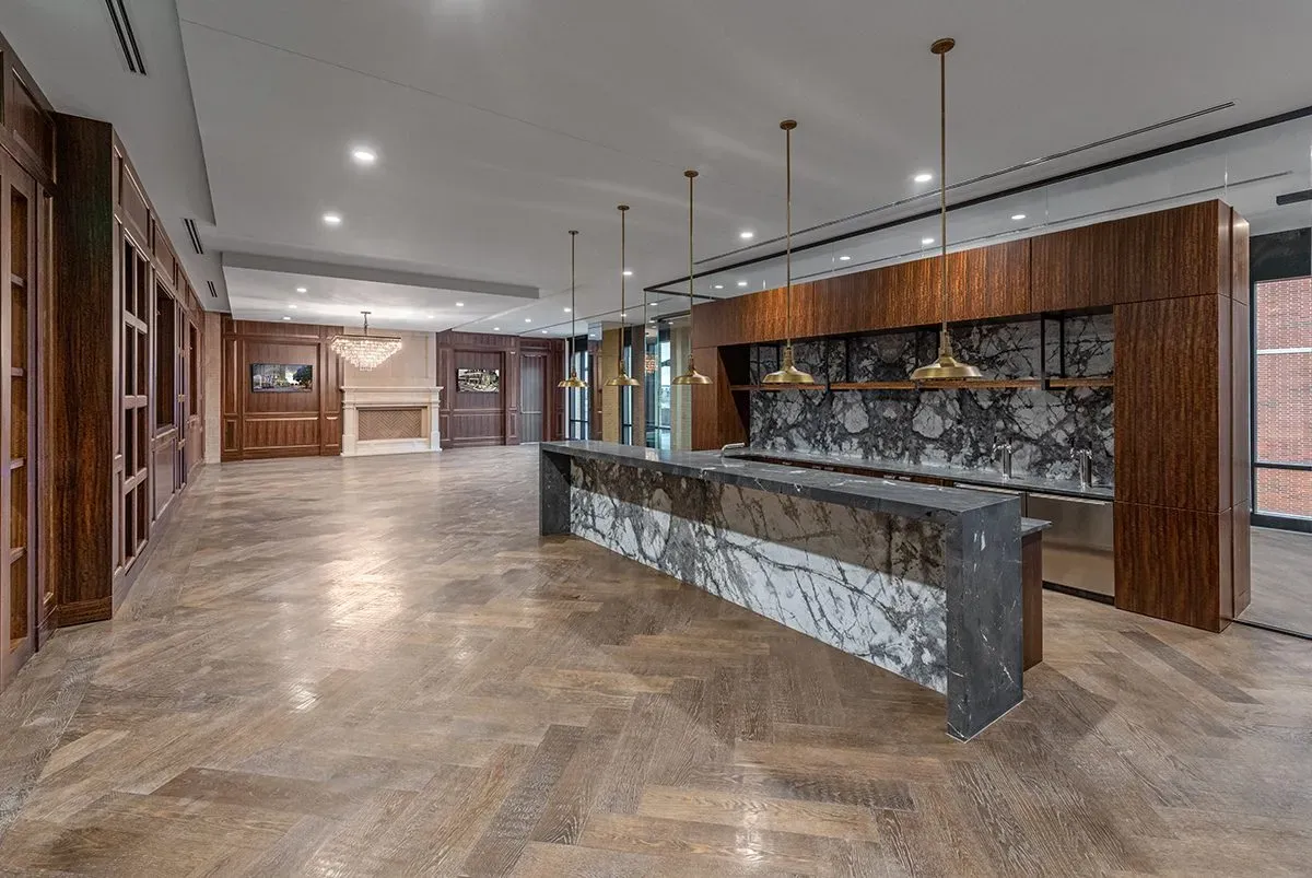 This photo features a corporate office reception with European Oak Wood Flooring