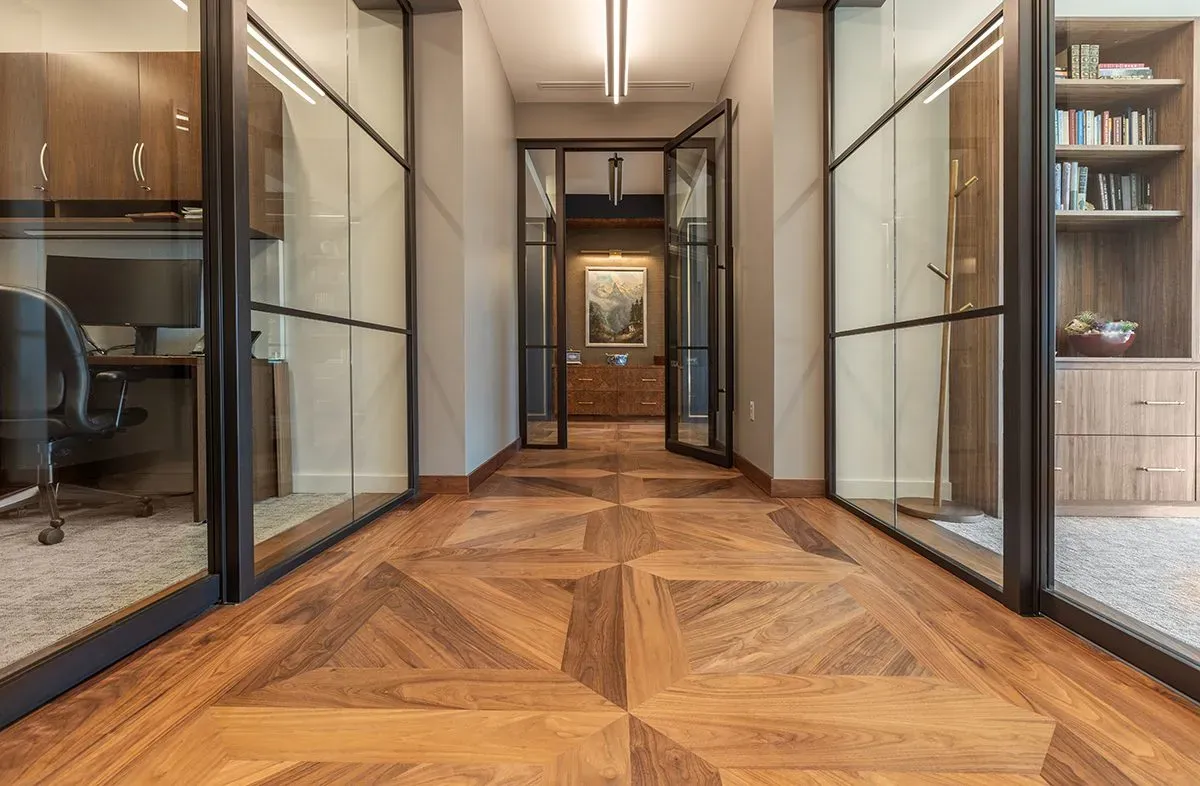 This photo features scratch resistant hardwood flooring in an office