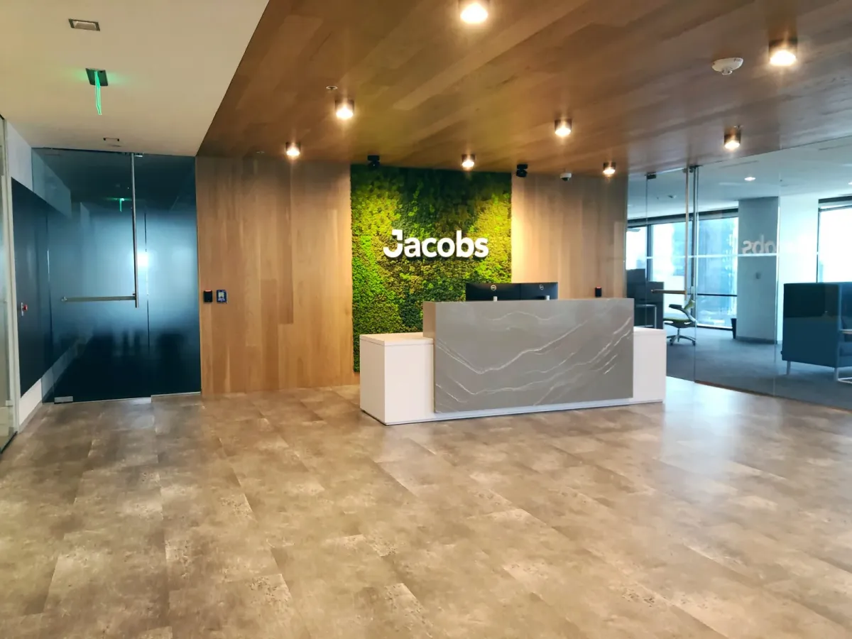 This photo features custom wood ceilings in a corporate office
