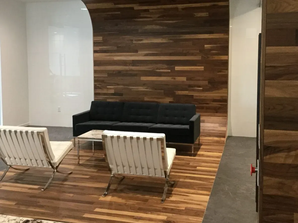 This photo showcases walnut being used as an architectural statement at the office of Caldwell, Cassady and Curry