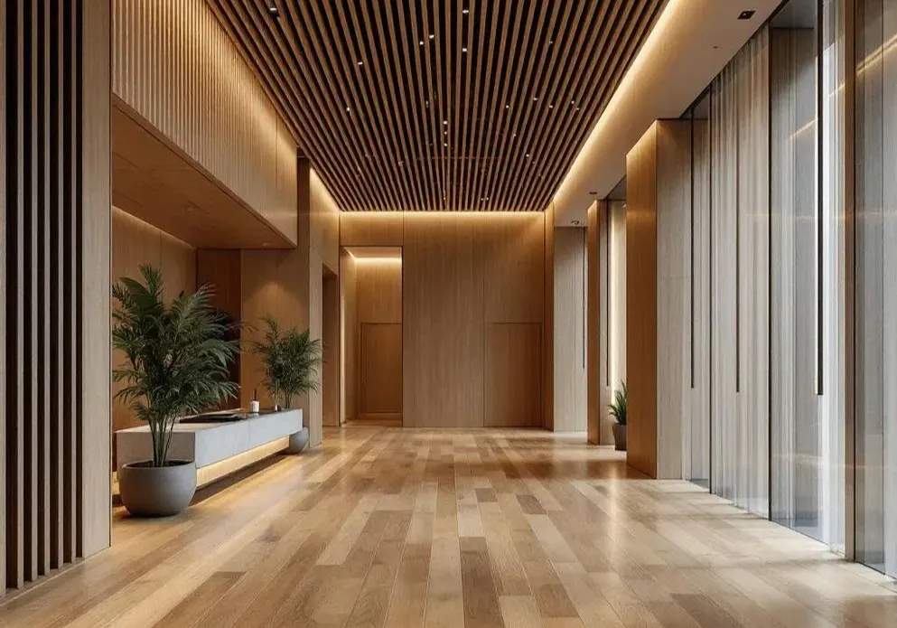 This is a luxury hotel lobby that uses architectural woodworkfor visual continuity.