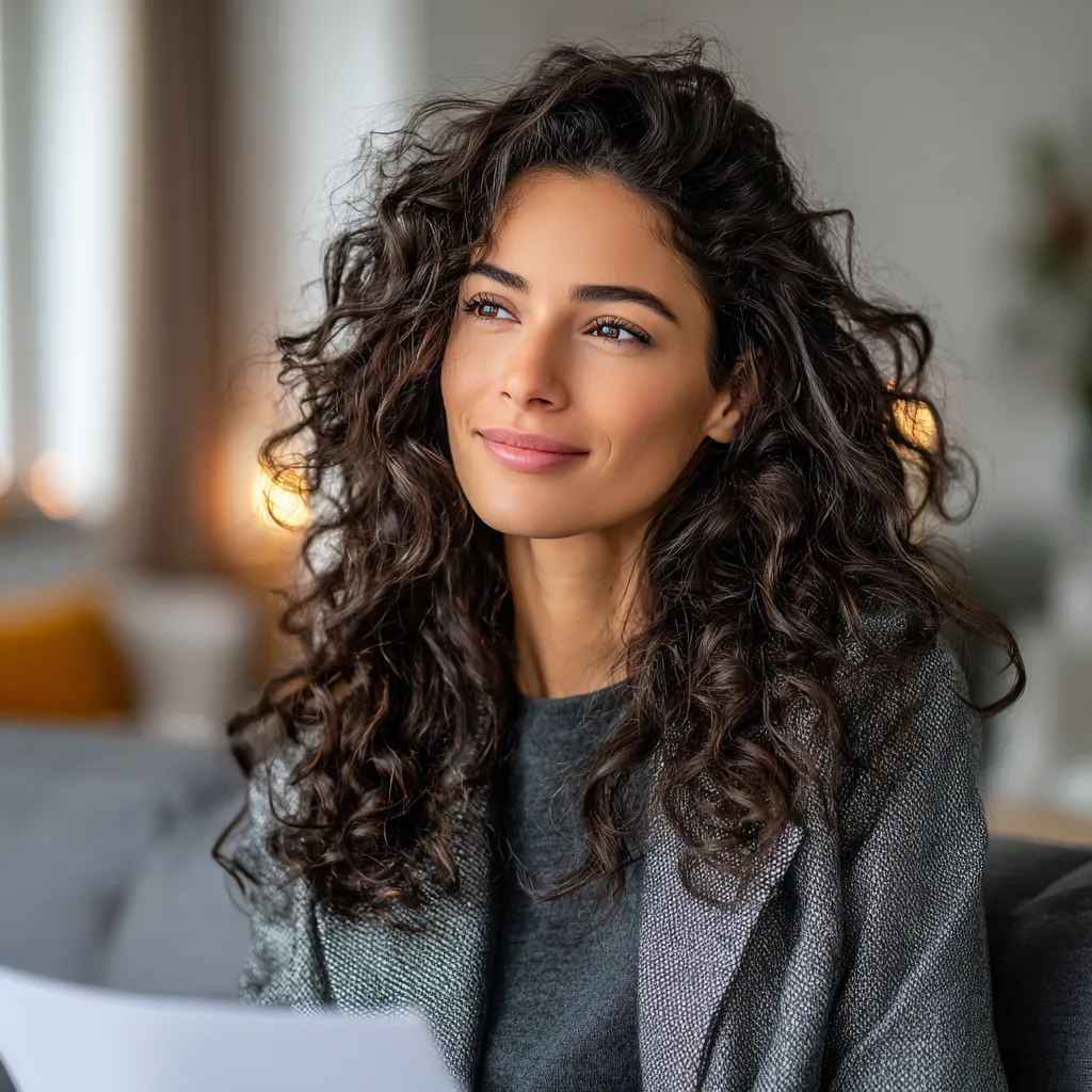 Latina professional with long curly hair,looking relieved while reviewing finances at home