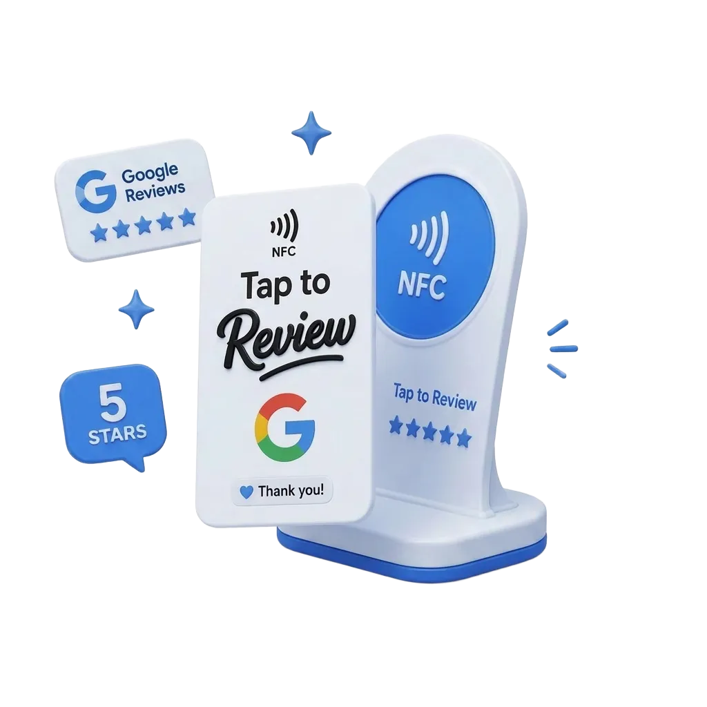 TapBoost card and stand with floating review badges
