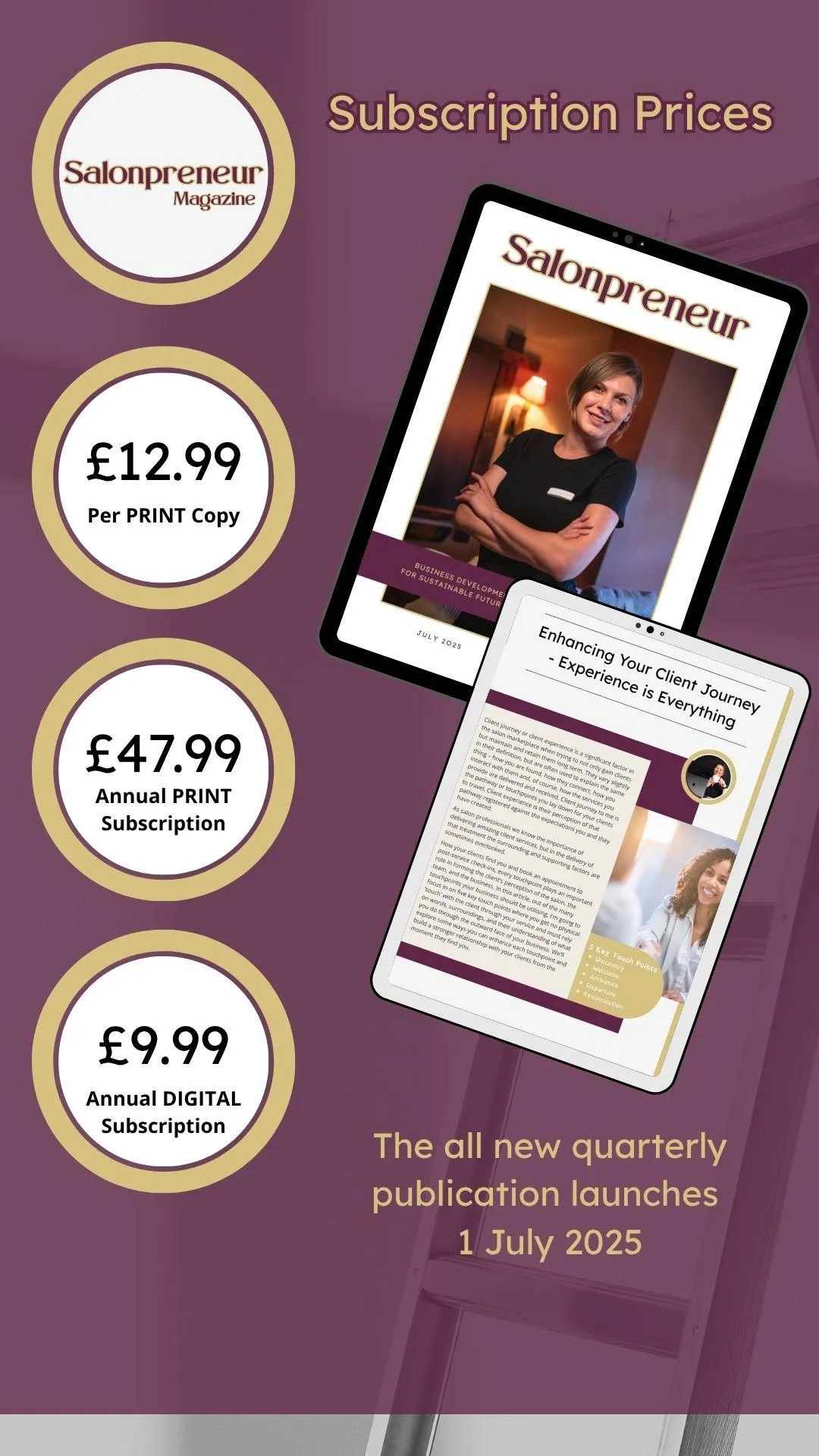 Salonpreneur Magazine mock cover, showing female salon owner in black t-shirt with arms folded facing camera smiling. Chin length brown hair and light make up. Backdrop with mirror wall light and massage couch. Mulberry colour band stating "business development for sustainable future" and "space for your mindet, wellbeing & development. For more information please visit www.salonpreneurmagazine.co.uk with pricing for subscriptions and a mock article image