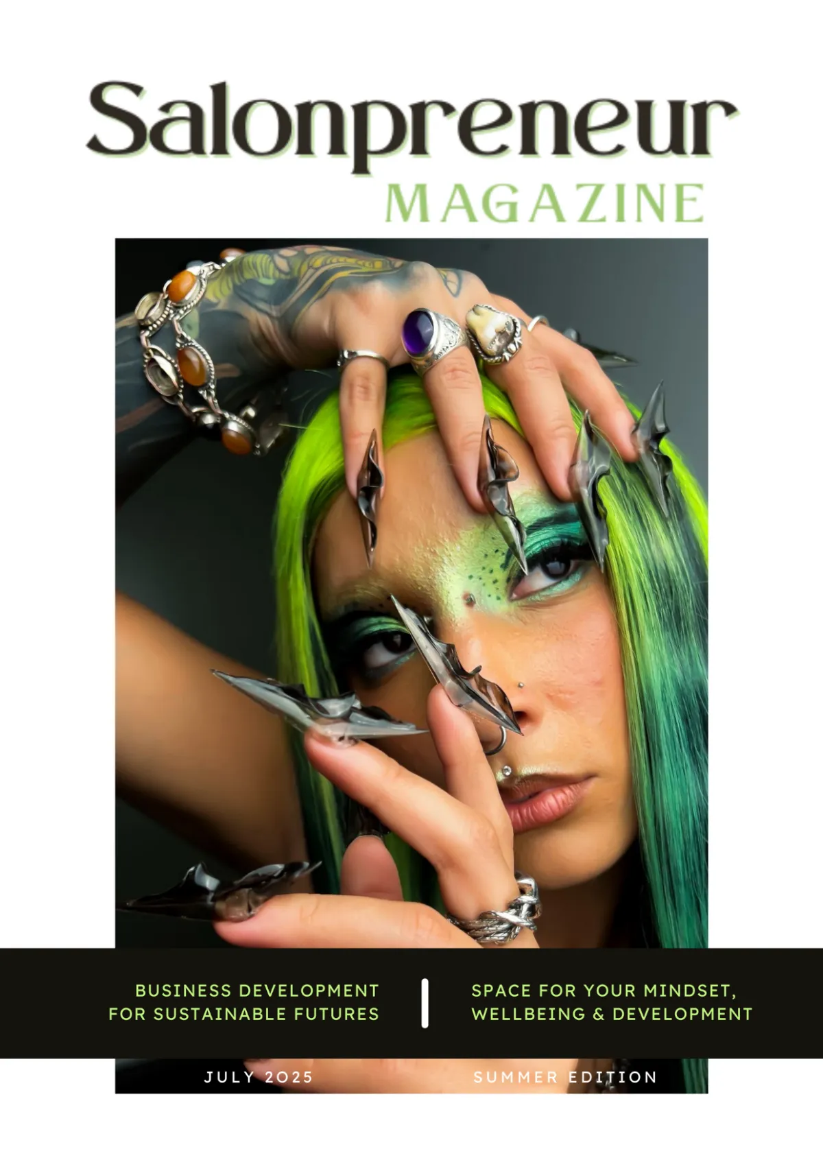 Salonpreneur Magazine mock cover, showing female salon owner in black t-shirt with arms folded facing camera smiling. Chin length brown hair and light make up. Backdrop with mirror wall light and massage couch. Mulberry colour band stating "business development for sustainable future" and "space for your mindet, wellbeing & development. For more information please visit www.salonpreneurmagazine.co.uk . 
