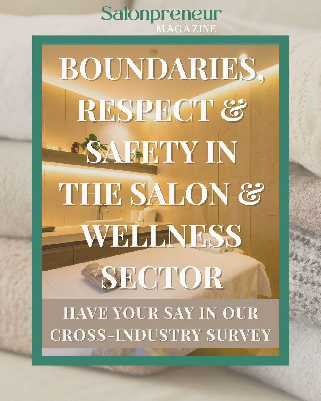 Salonpreneur Magazine mock cover, showing female salon owner in black t-shirt with arms folded facing camera smiling. Chin length brown hair and light make up. Backdrop with mirror wall light and massage couch. Mulberry colour band stating "business development for sustainable future" and "space for your mindet, wellbeing & development. For more information please visit www.salonpreneurmagazine.co.uk