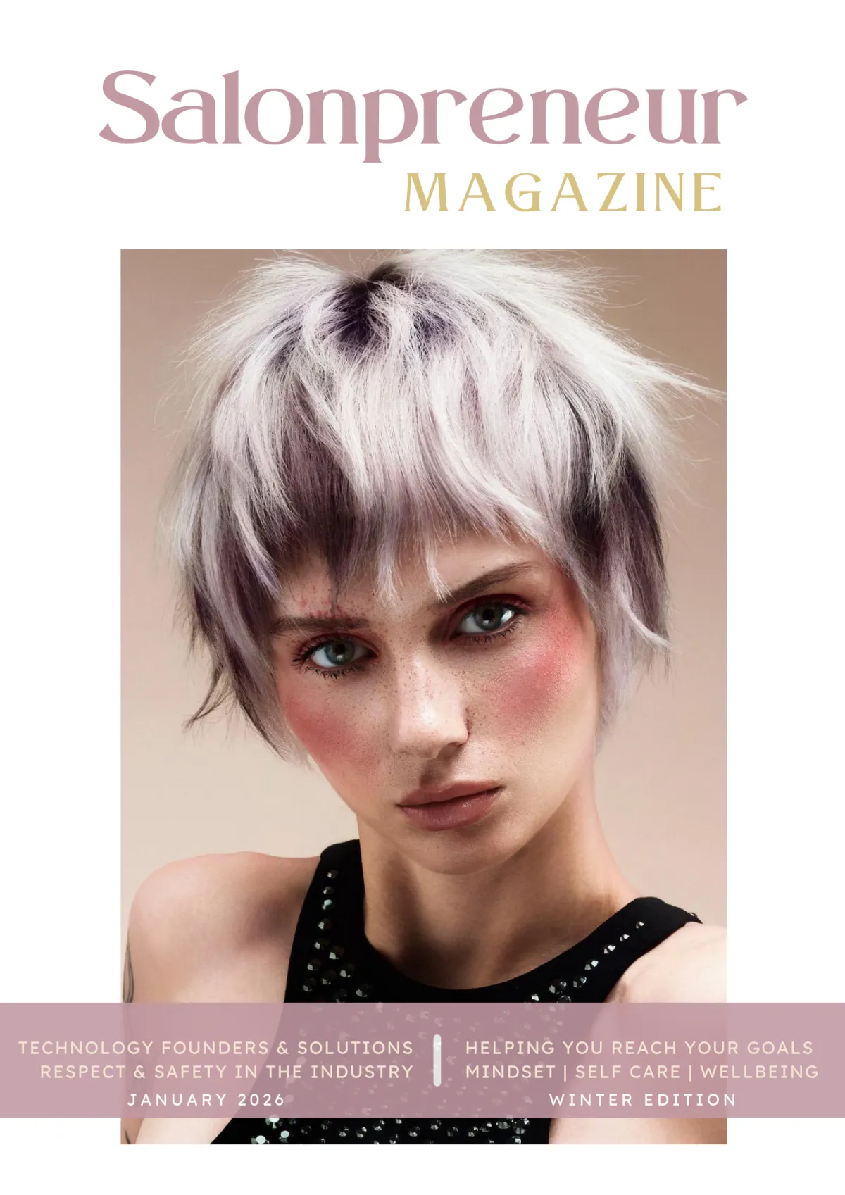 Salonpreneur Magazine mock cover, showing female salon owner in black t-shirt with arms folded facing camera smiling. Chin length brown hair and light make up. Backdrop with mirror wall light and massage couch. Mulberry colour band stating "business development for sustainable future" and "space for your mindet, wellbeing & development. For more information please visit www.salonpreneurmagazine.co.uk