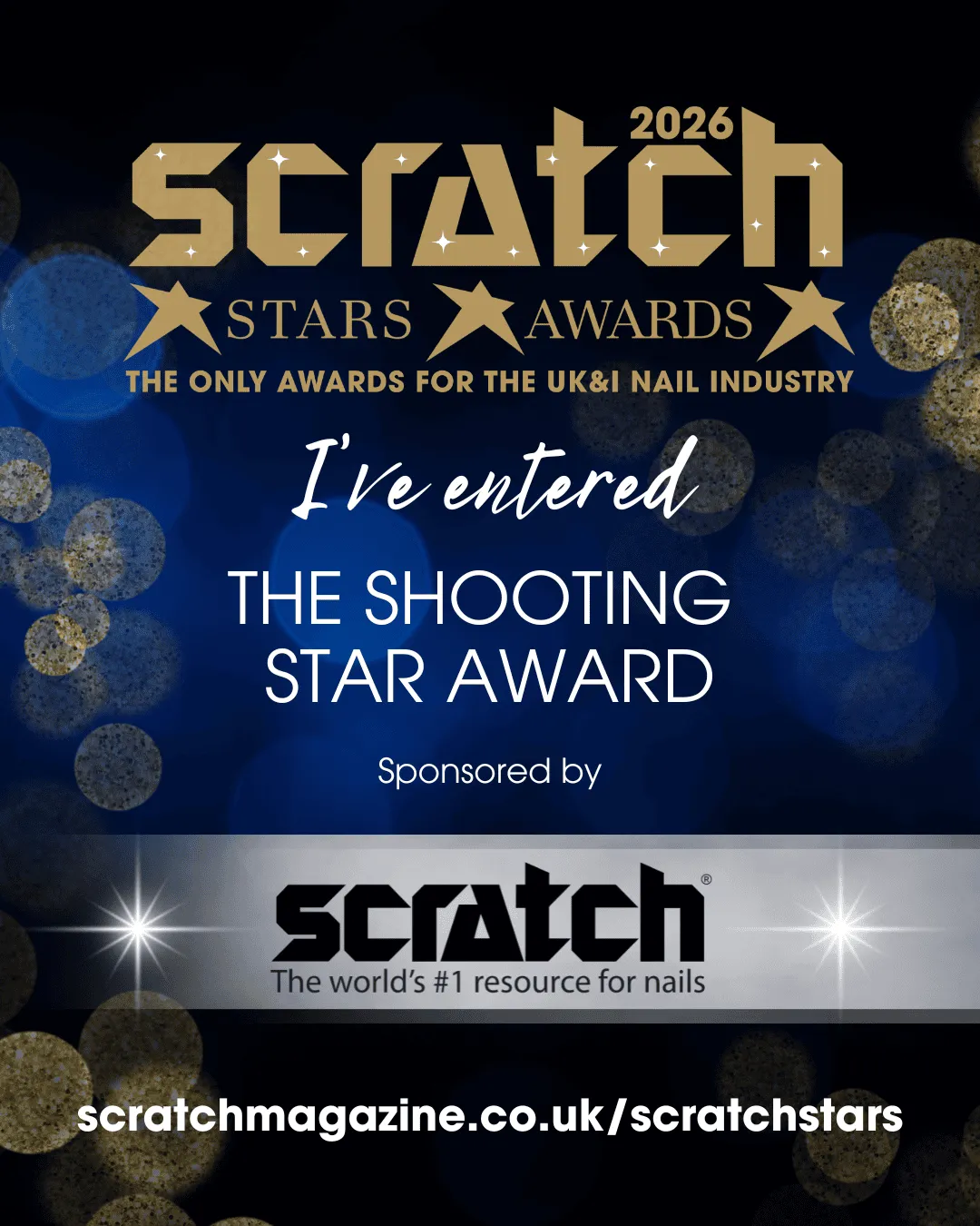 Black background with gold and silver lettering for Scratch Stars Awards stating "I've entered Shooting Star Award" Salonpreneur Magazine