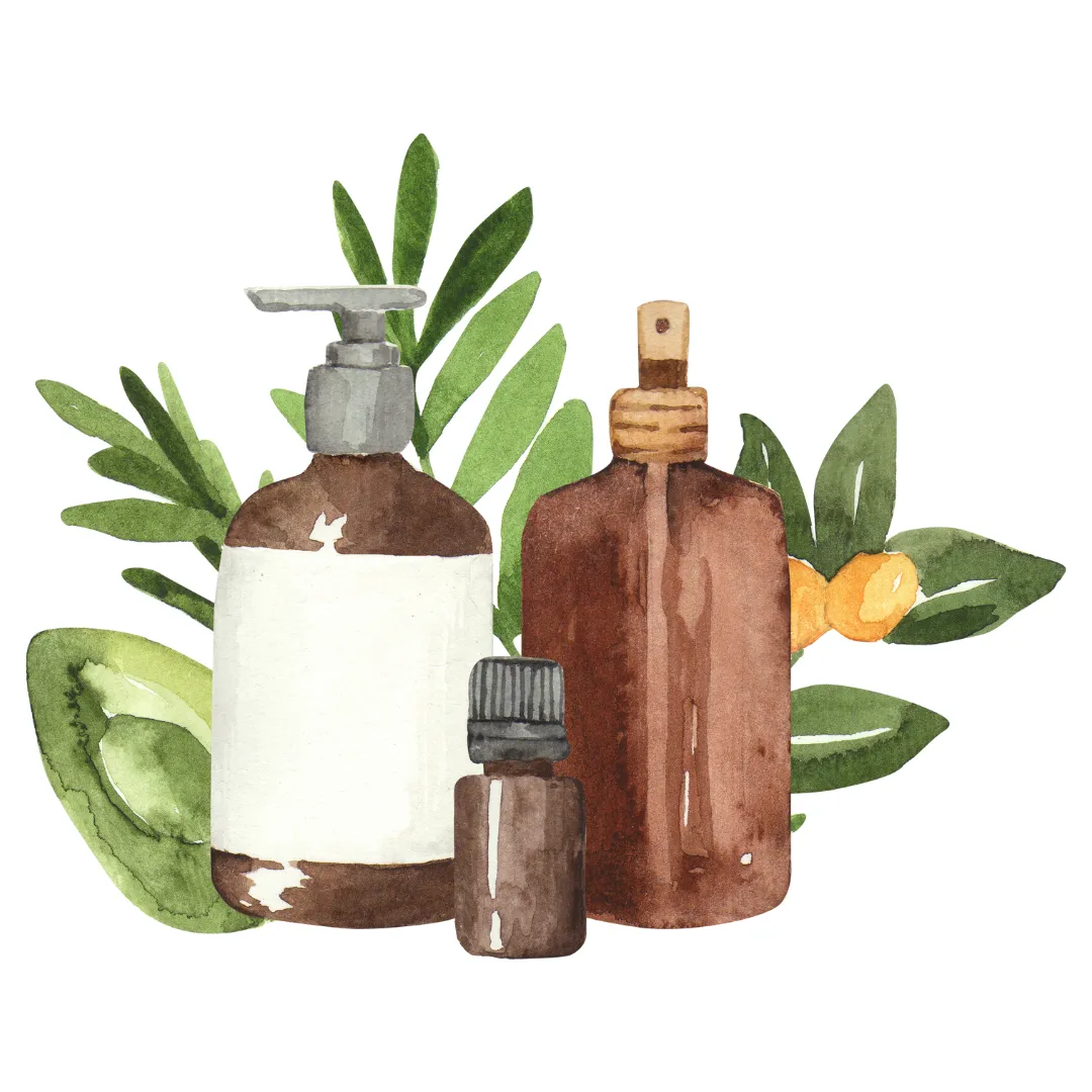 Clean lifestyle image of a product mockup and botanical ingredients on a neutral table, soft studio light, minimal feminine composition for product storytelling and trust.