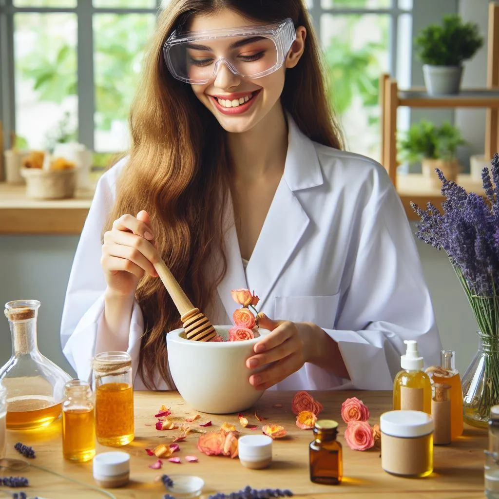 Hands mixing botanical cream in a glass bowl, top-down, soft natural light, feminine palette.