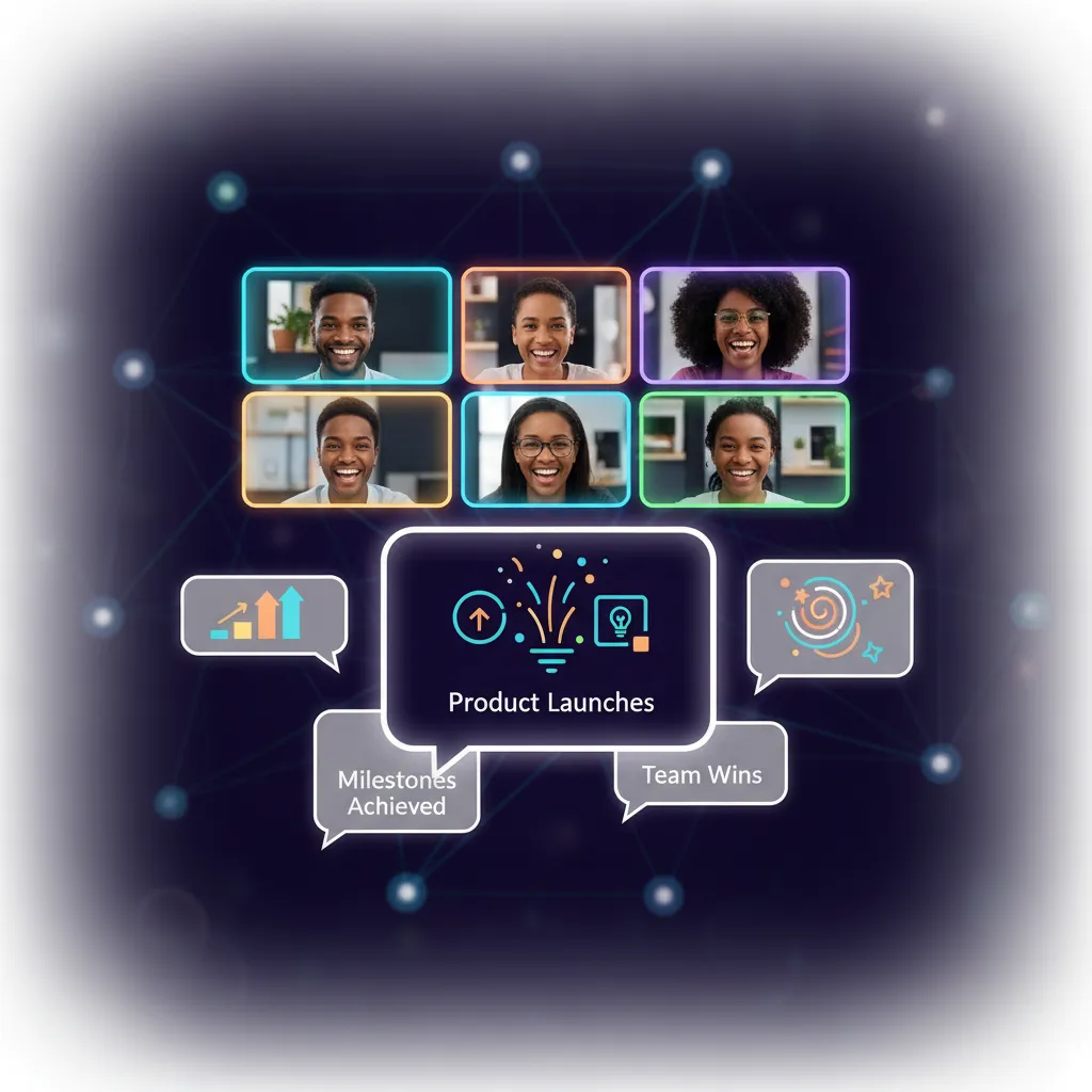 Celebratory team screenshot, messages and product launches, soft vignette, high-contrast.