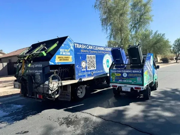 A specialized truck from a trash can cleaning service in Mesa, AZ, featuring branding and equipment used to sanitize, disinfect, and deodorize residential garbage bins.