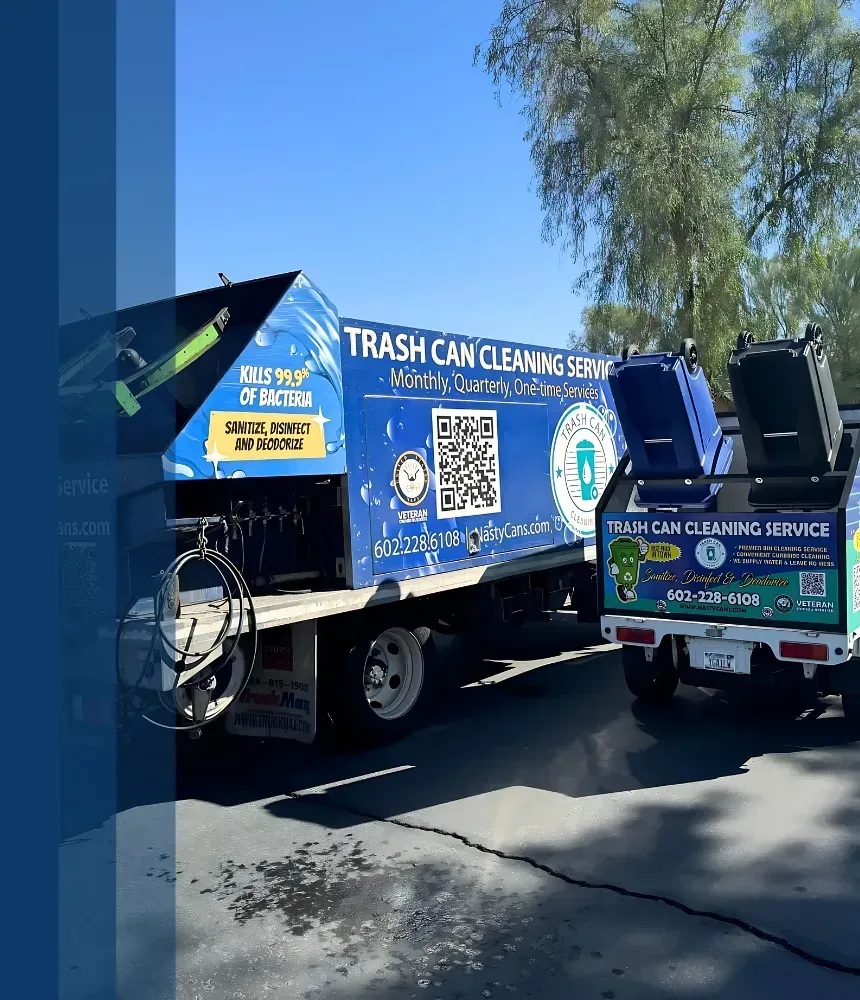 Professional trash can cleaning service truck with branding and service details.