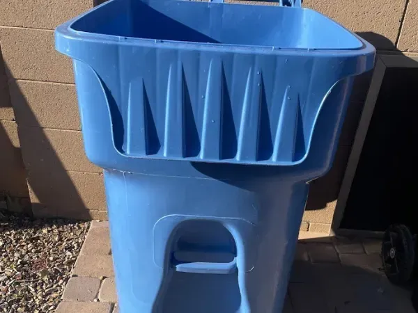 Trash can interior showing a dramatic before and after cleaning transformation.