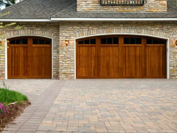 Elegant home with wooden garage doors featuring an arched design and a stone exterior. ​