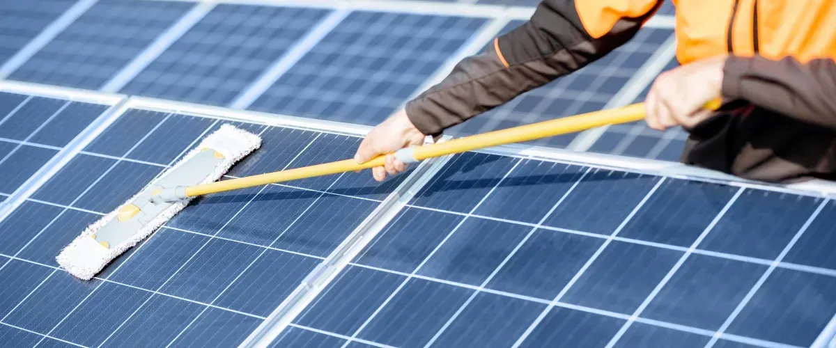 Professional solar panel cleaning with a brush to improve energy efficiency