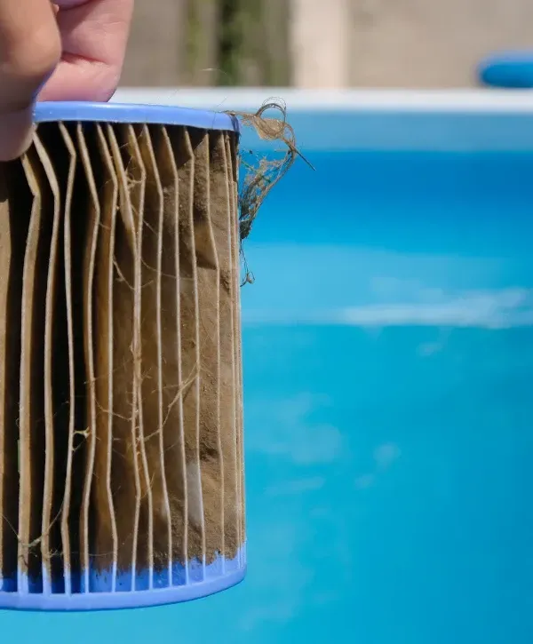 Dirty pool filter cartridge being cleaned to maintain proper water circulation and clarity.