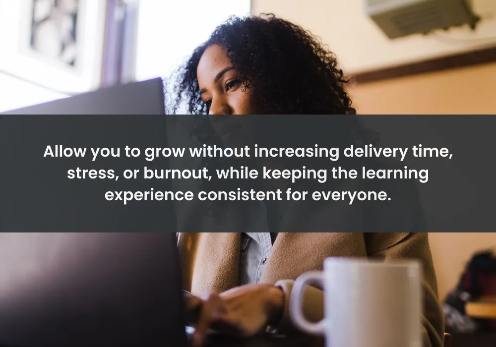 Allow you to grow without increasing delivery time, stress, or burnout, while keeping the learning experience consistent for everyone.